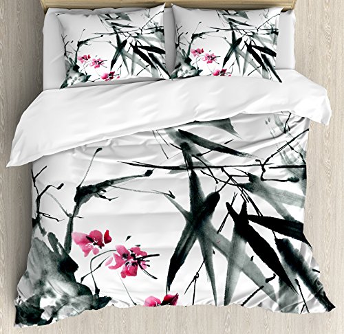 Ambesonne Japanese Duvet Cover Set, Natural Bamboo Stems Cherry Blossom Japanese Inspired Folk Print, Decorative 3 Piece Bedding Set With 2 Pillow Shams, Queen Size, Green Fuchsia #TOP27