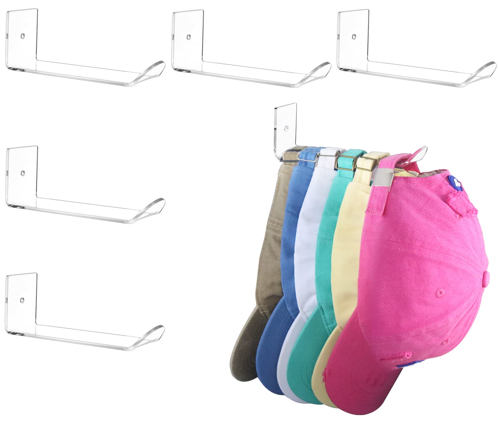 KEVTVEK 5 Pack Wall Mount Hat Racks for Baseball Caps, Strong Adhesive Hat Hooks Cap Holder, Easy Installation Acrylic Hat Storage Organizer, Multipurpose Hat Hangers for Wall, Closet, Door, Bedroom