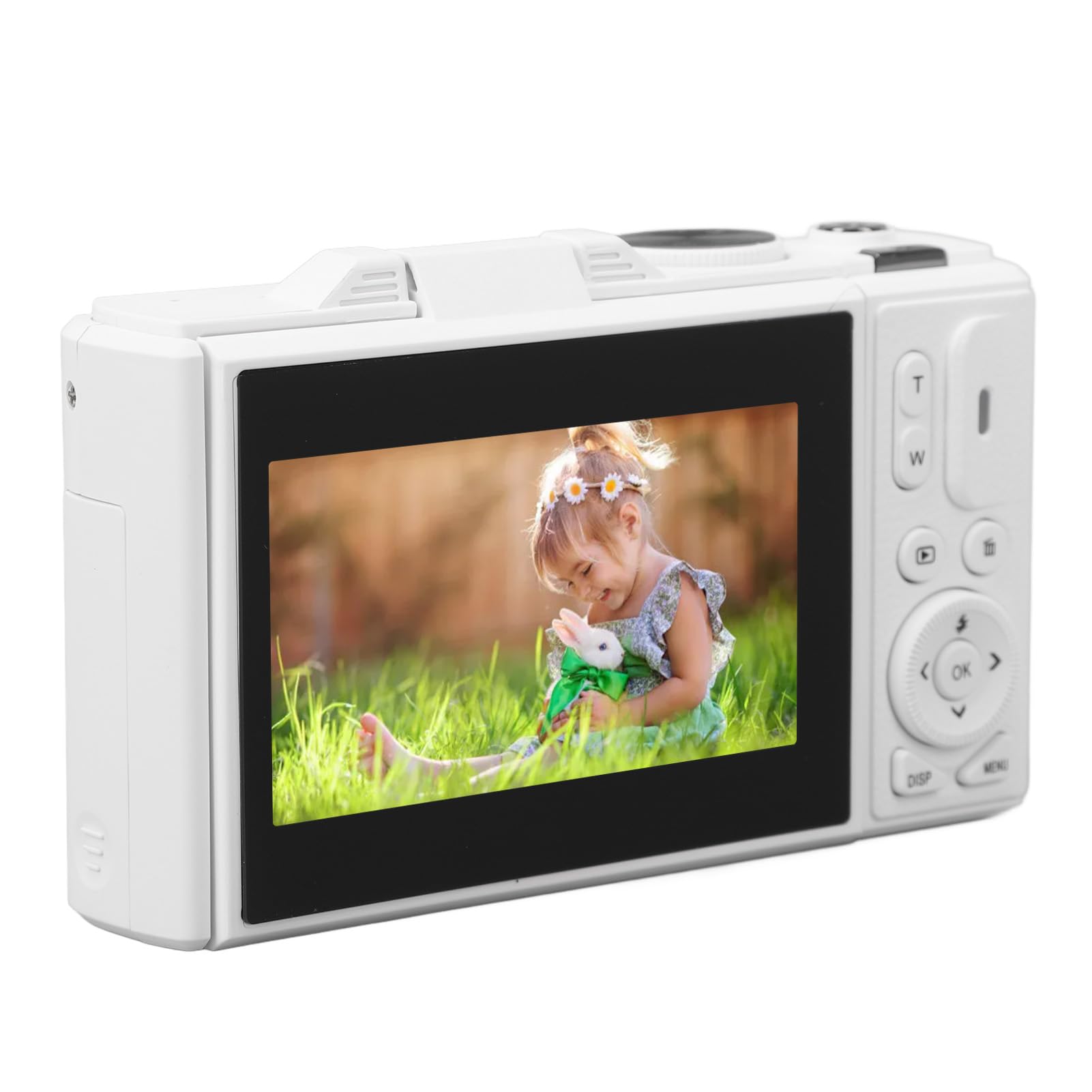 Jiawu Fotocamera Digitale, Fotocamera Compatta con Schermo Flip e Zoom Digitale da 64MP 4K 18X con Design retrò per Principianti di di Fotografia di Viaggio (WHITE)