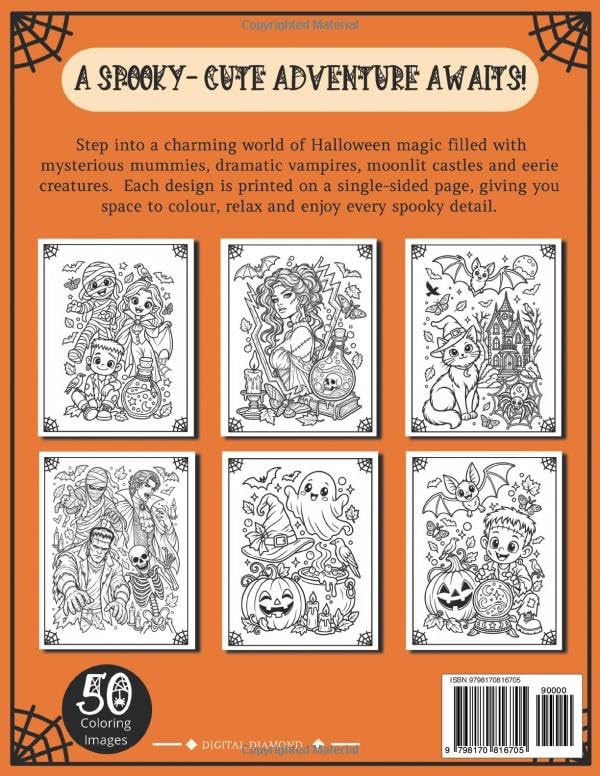 Spooky Cuties Coloring Book for Teens and Adults: 50 Single-Sided Cute and Creepy Halloween Designs Featuring Witches, Ghosts, Vampires, Mummies and Haunted Scenes image 3