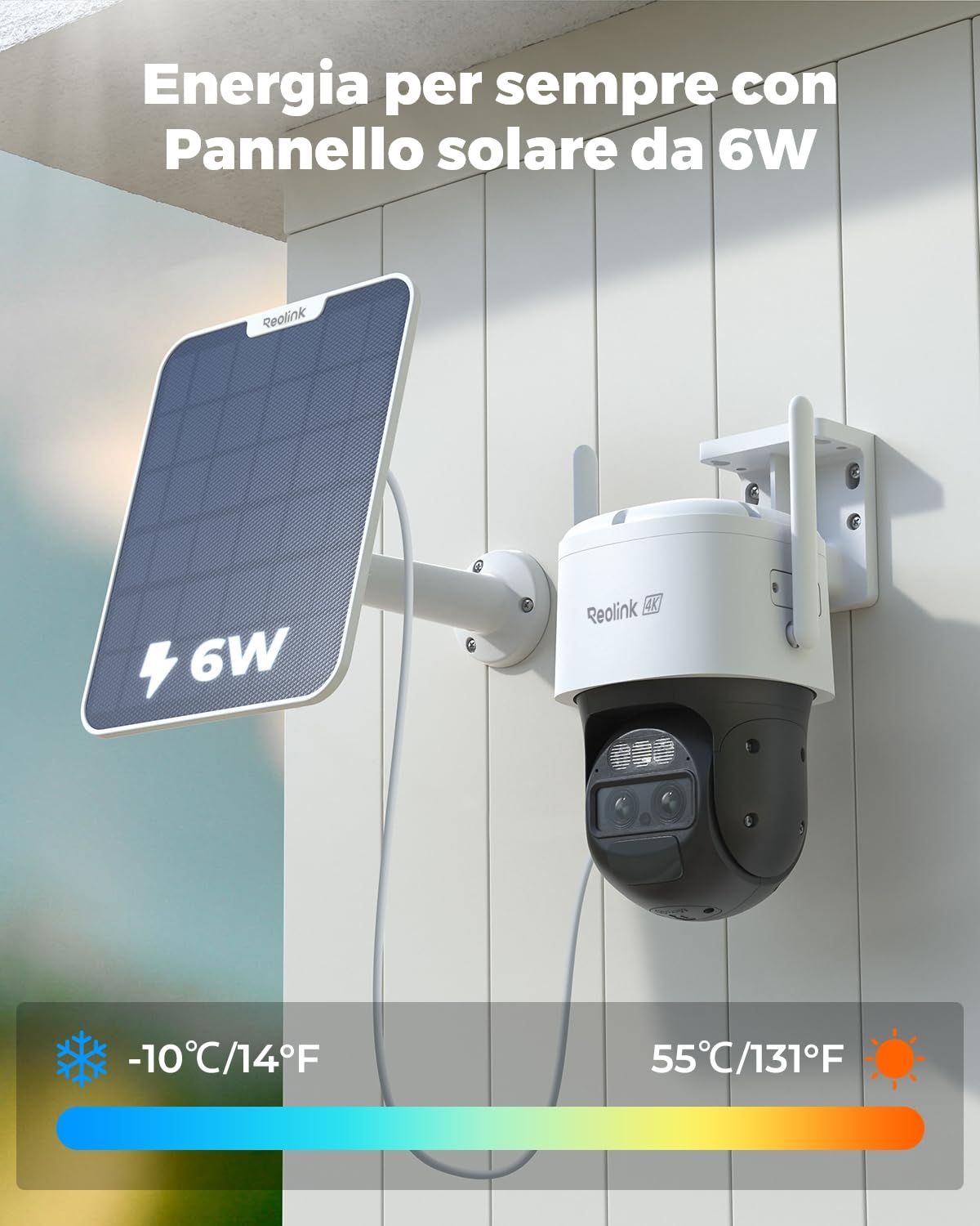 Reolink 4K Telecamera Senza Fili da Esterno a Batteria, 360° PTZ con Pannello Solare, Tracciamento Automatico, Doppia Lente, Visione Notturna a Colori, Rilevamento Intelligente, IP66, Trackmix