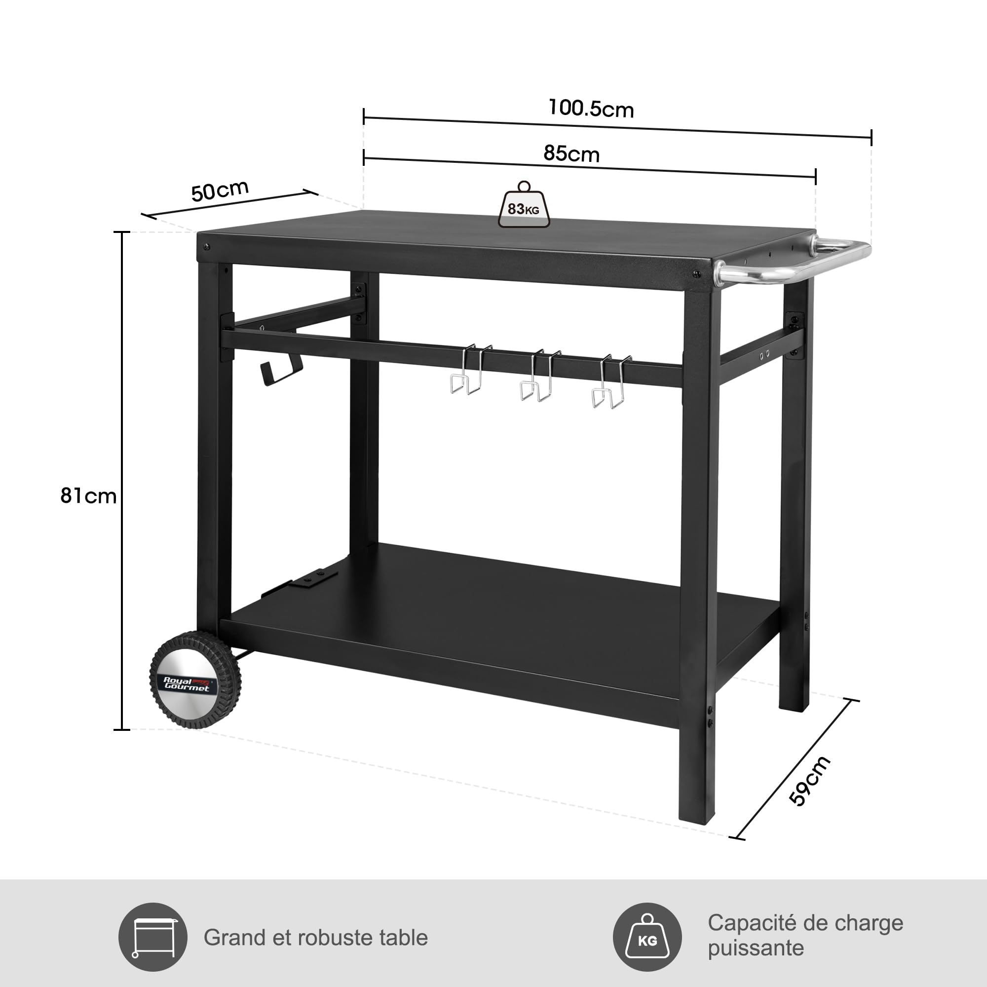 Royal Gourmet - Carro para Barbacoa de Metal con Gran Superficie de Trabajo, Apto para postres de jardín, Horno de Pizza, 100,5 x 59 x 81 cm, Color Negro