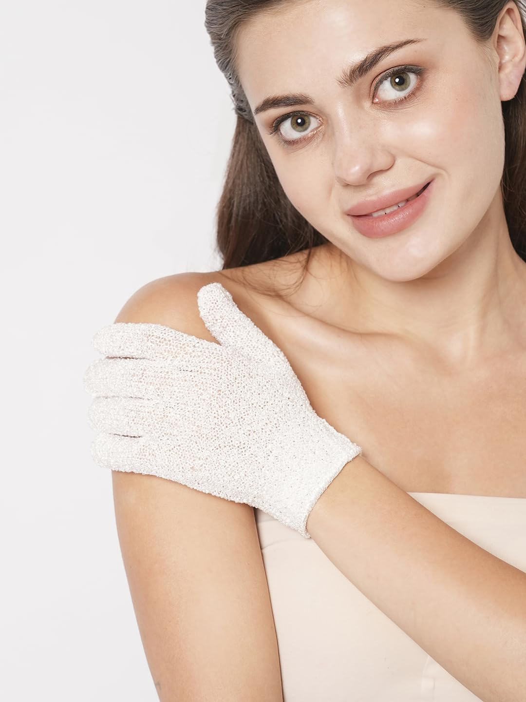 BUNGALOW BEAUTY Exfoliating Loofah Body Hand Gloves for Bathing | Dry Skin | Dead Skin Cell Remover | Body Scrub | Skin Exfoliator for Body for Women (2 Pairs) (White) 1