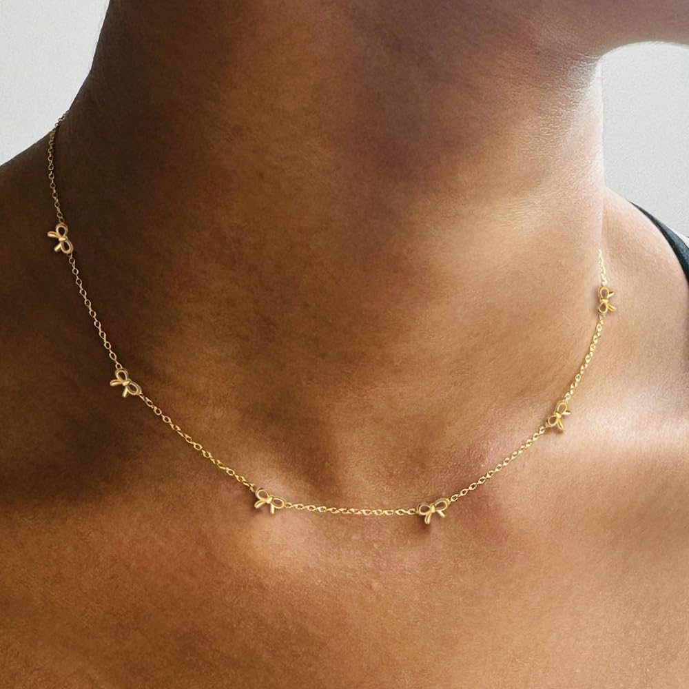 YADUDA Gold Bow Necklace for Women 18K Gold Plated CZ Dainty Bow Pendant Choker Necklace Cute Small Tiny Bow Station Choker Chain Necklace Trendy Jewelry Gift - Image 2