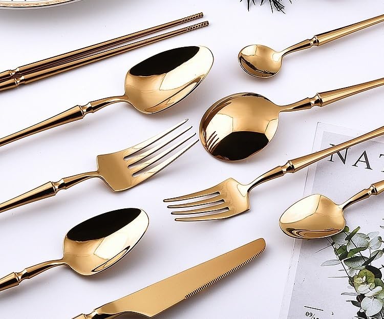 Genérico Juego de Cubiertos de 15 Piezas de Acero Inoxidable 304 con Detalles Dorados. Incluye Cuchillos, Tenedores y cucharas para Carne. Ideal para cenar y Recibir Invitados. 6 Juegos.