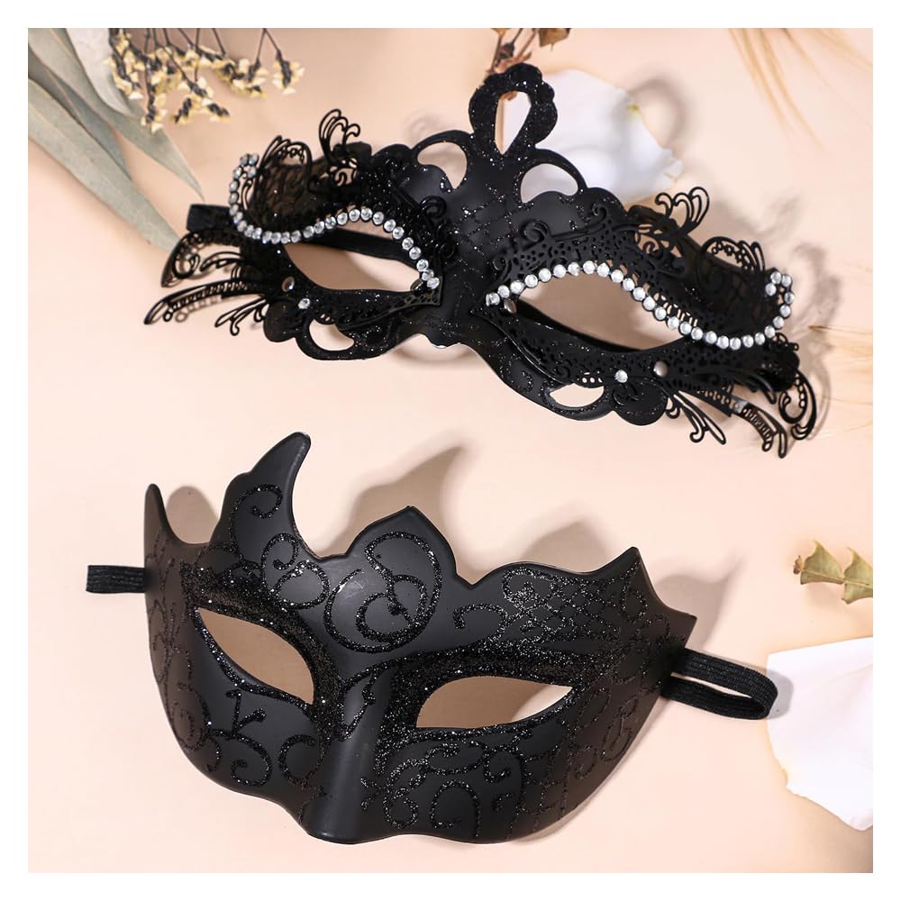 SUNNEE Masquerade Mask Couples Set: Rhinestones Metal Cosplay Venetian Party Mask Halloween Costume, Gold - Image 4
