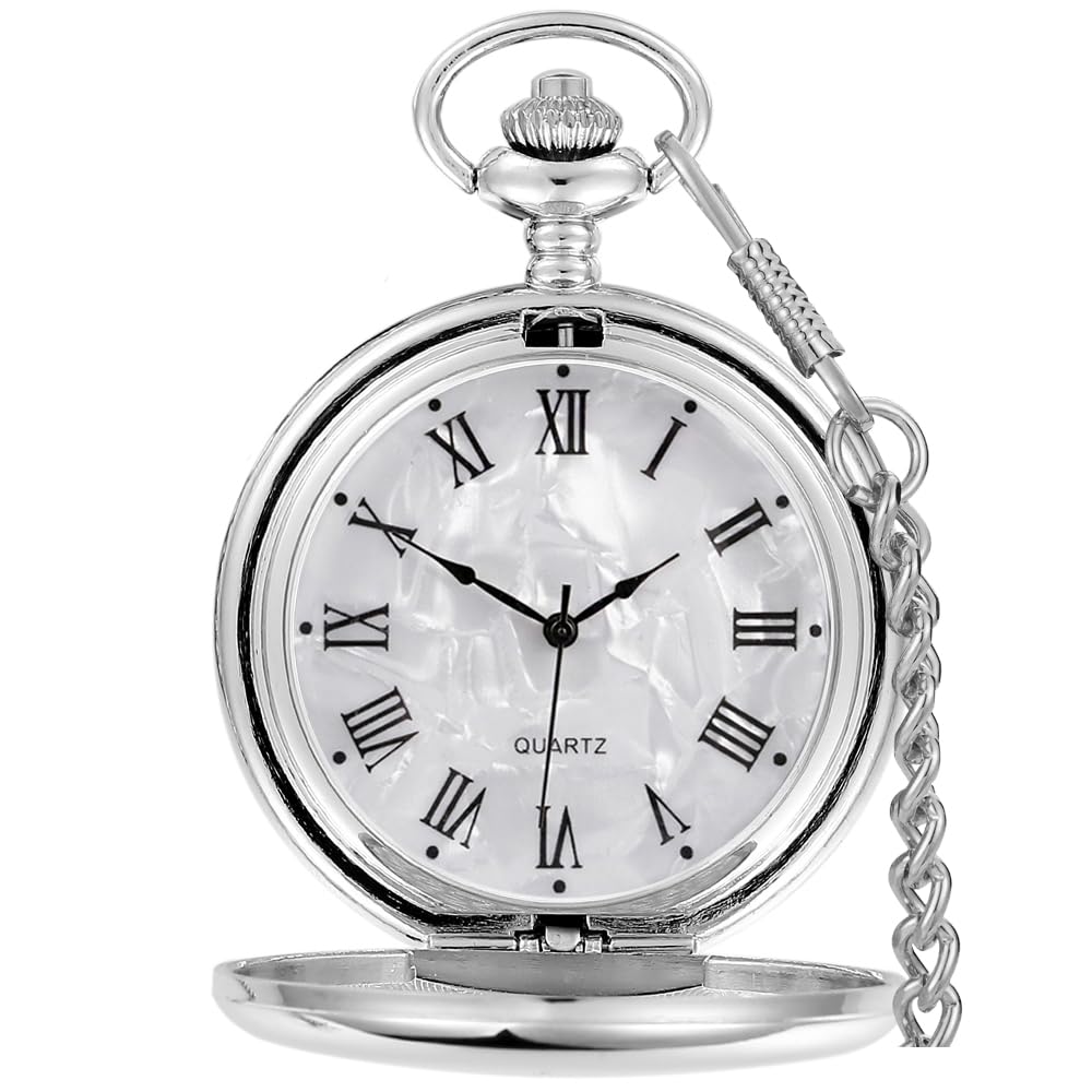 Smooth Pocket Watch Alloy Steel Quartz Roman/Arabic Numerals with 37cm Chain for Father's Day Xmas Best Gifts