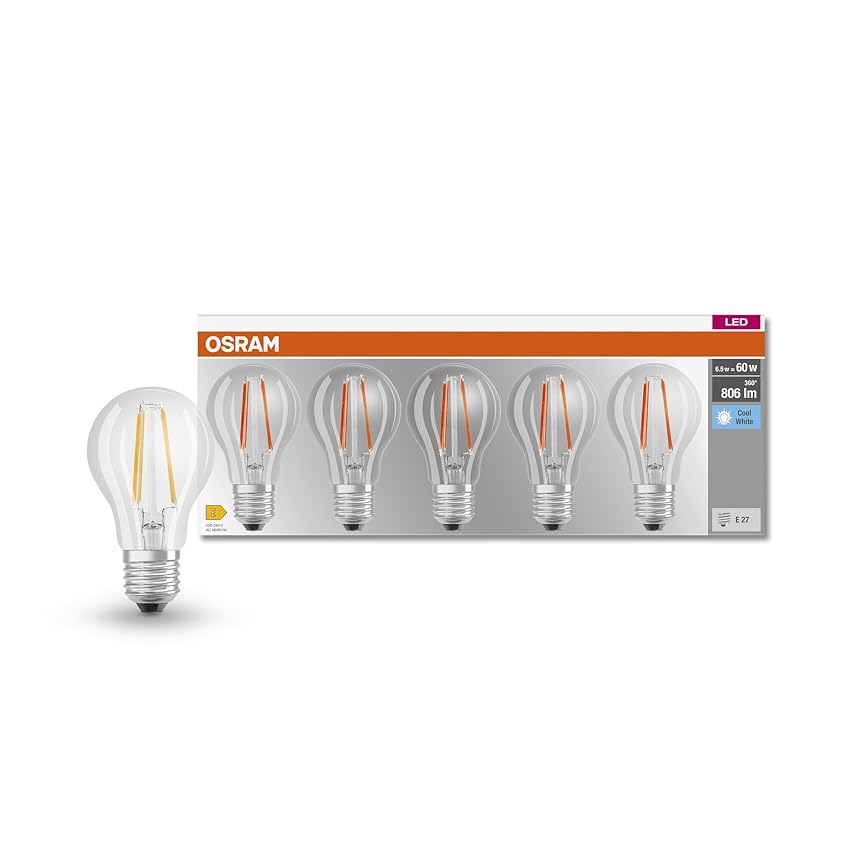 OSRAM LED BASE Classic A60, lampade LED a filamento chiaro in vetro per base E27, forma di lampadina, bianco freddo (4000K), 806 lumen, sostituisce le lampadine tradizionali 60W, scatola da 5