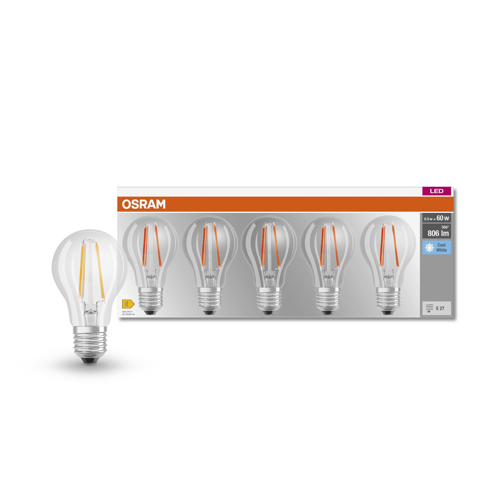 OSRAM LED BASE Classic A60, lampade LED a filamento chiaro in vetro per base E27, forma di lampadina, bianco freddo (4000K), 806 lumen, sostituisce le lampadine tradizionali 60W, scatola da 5