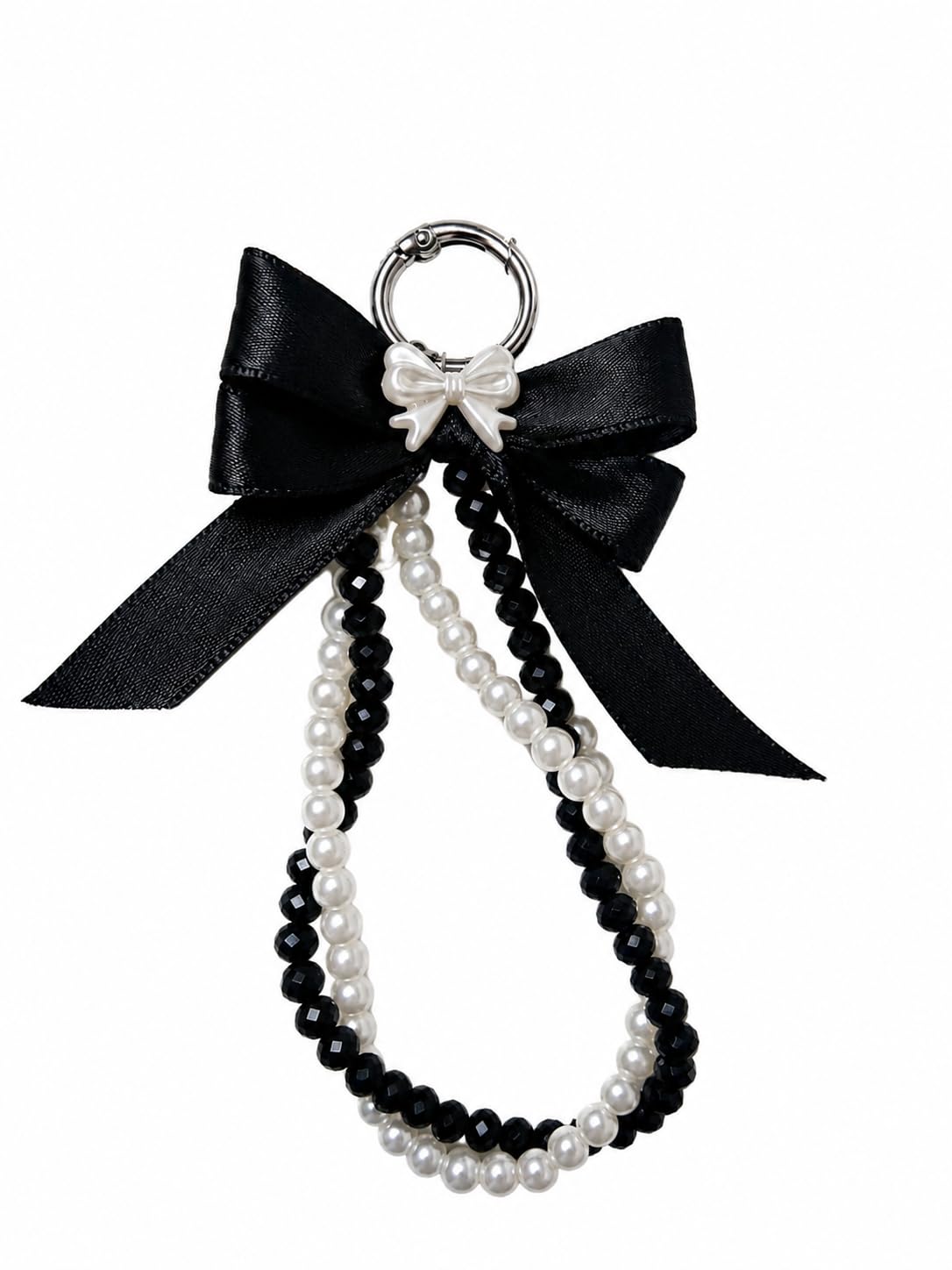 BIGA Luxury Satin Bow Phone Strap with Imitation Pearls & Crystal Beads | Coquette Aesthetic Mobile Accessory | Bag Pendant Keyring for Women & Girls | Black White [PACK OF 1]-picture-12