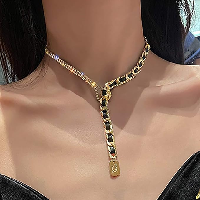 Amazon.com: Jeairts Crystal Y Necklace Gold Good Luck Pendant Necklaces Hip Hop Ribbon Winding 