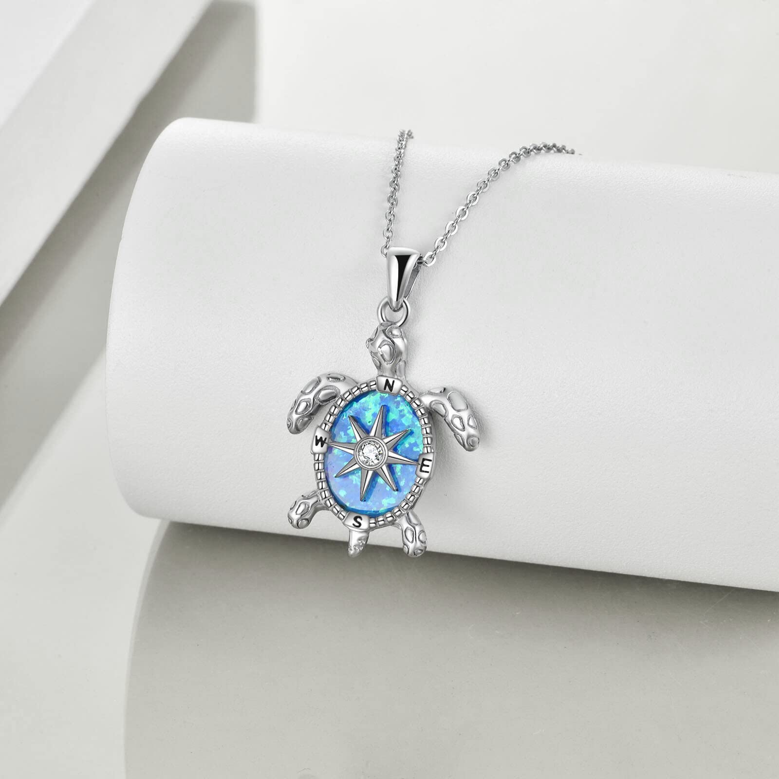 JERWLI Collar con brújula de ópalo azul, tortugas marinas para mujer, plata de ley, joyas para tortugas, collares de playa para niñas, amantes de los animales, regalos, Plata esterlina