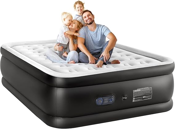 Sweetcrispy Queen Air Mattress - 22" Inflatable Blow Up Airbed with Built-in High Capacity Pump, Double Height, Non-Slip Bottom Design, Weight Capacity 660 lbs Air Bed for Home or Camping