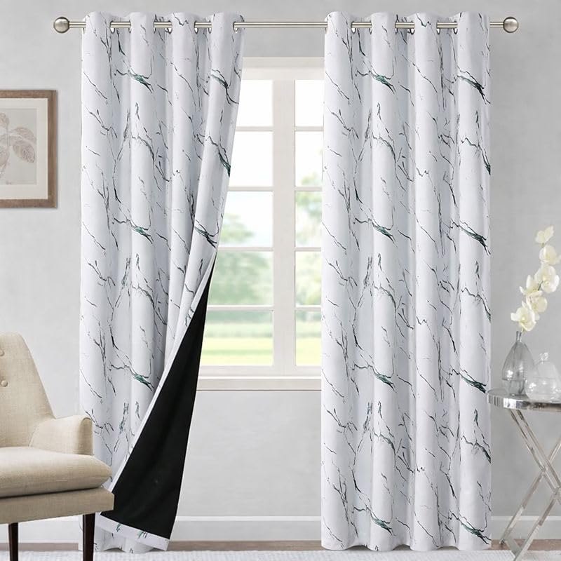 Image of BFAM Marble Print 100% Blackout Curtain with Black Linning at Back,Green Marble Print Curtains for Living Room /Bedroom Thermal Insulated Energey Saving 7 Feet Pack of 1 Curtain