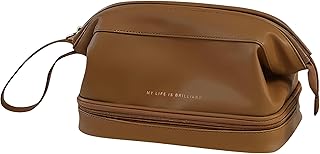 Makeup Bag, Double Layer Cosmetic Bag, Portable makeup organizer bag, Cosmetic Travel Bag,Waterproof Leather Cosmetic bags, Travel Makeup Bag, Large Makeup Bag for women (Brown)