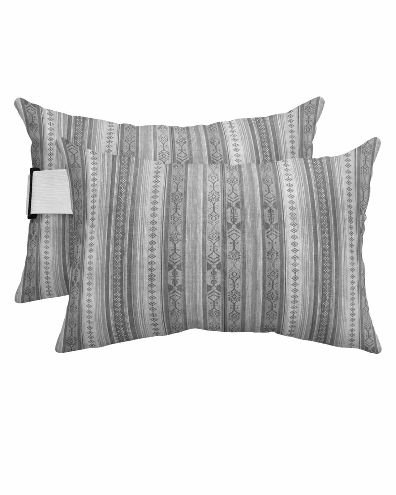 HERBED Outdoor Pillows Covers with Inserts Boho Gray Stripes Abstract Geometric Texture Waterproof Pillow with Adjustable Strap Throw Pillows for Patio Furniture Pool Lounge Chair, 12x20 Inch, 2PCS