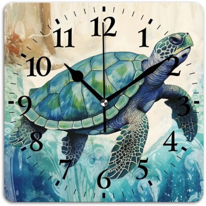 Quartz Wall Clocks Non-Ticking Silent Battery Operated Modern Wall Clocks Decorative for Home,Bedroom-Watercolor Painting of Elegant Cute Sea Turtle(16inch)