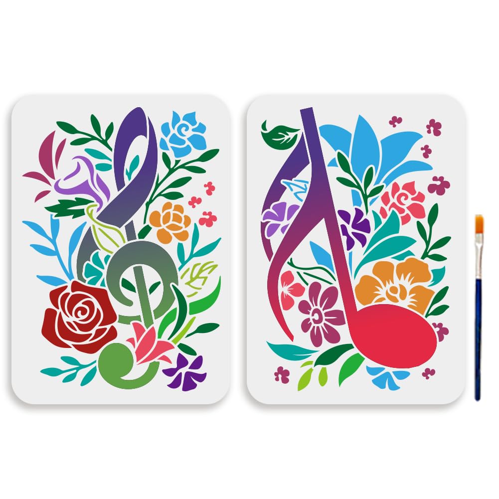 Set Stencil A Tema Musicale FINGERINSPIRE - 9 Modelli (Chitarra, Note, Pianoforte) + Pennello, 29.7x21 Cm, In Plastica PET