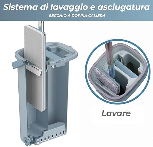 Miniatura 2 de EasyGleam - Juego de fregona y cubeta azul de microfibra con mango de acero inoxidable, innovador cubo de doble cámara para uso húmedo y seco. 4