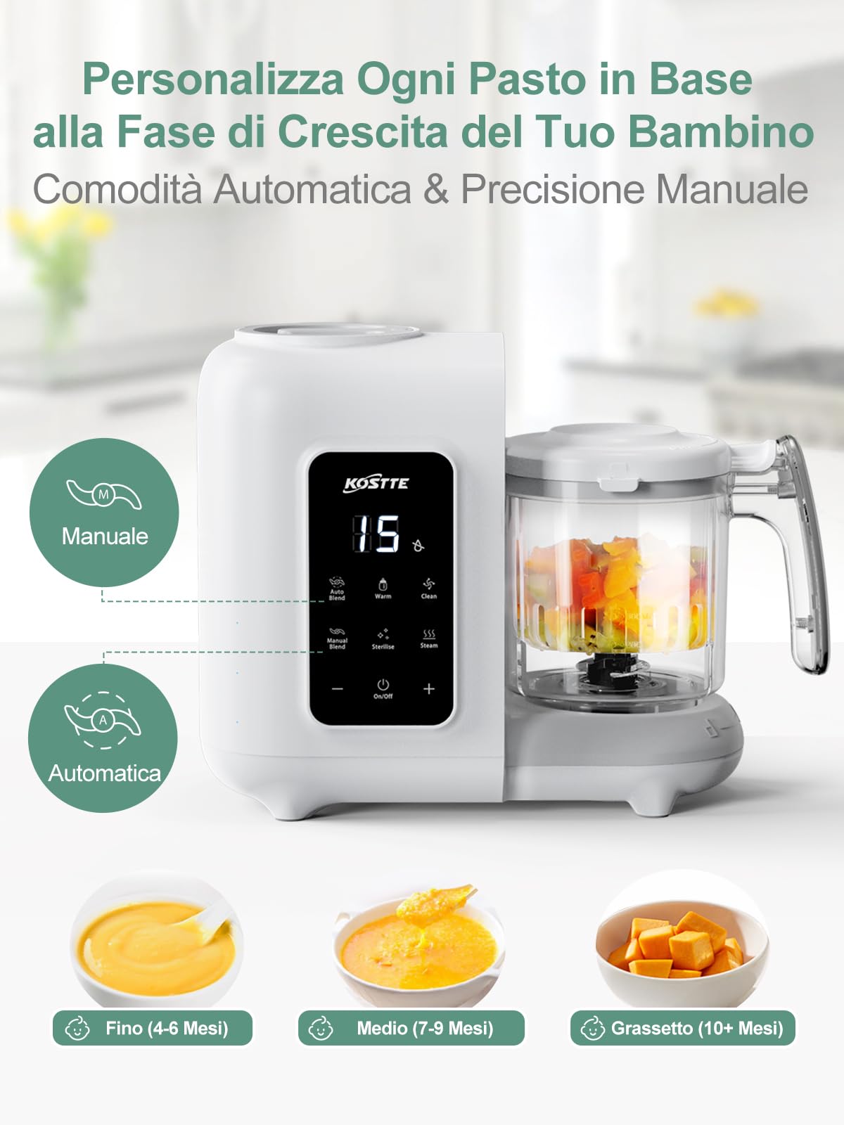 Omogeneizzatore per Neonati Robot da Cucina Multifunzione con Vapore 360°, Autopulizia, Scongelamento Rapido
