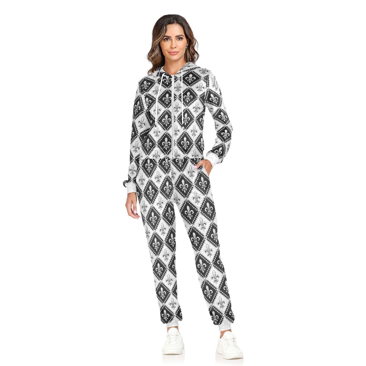 Conjunto deportivo de 2 piezas para mujer, diseño geométrico de flor de lis, conjunto deportivo de manga larga, color negro y blanco