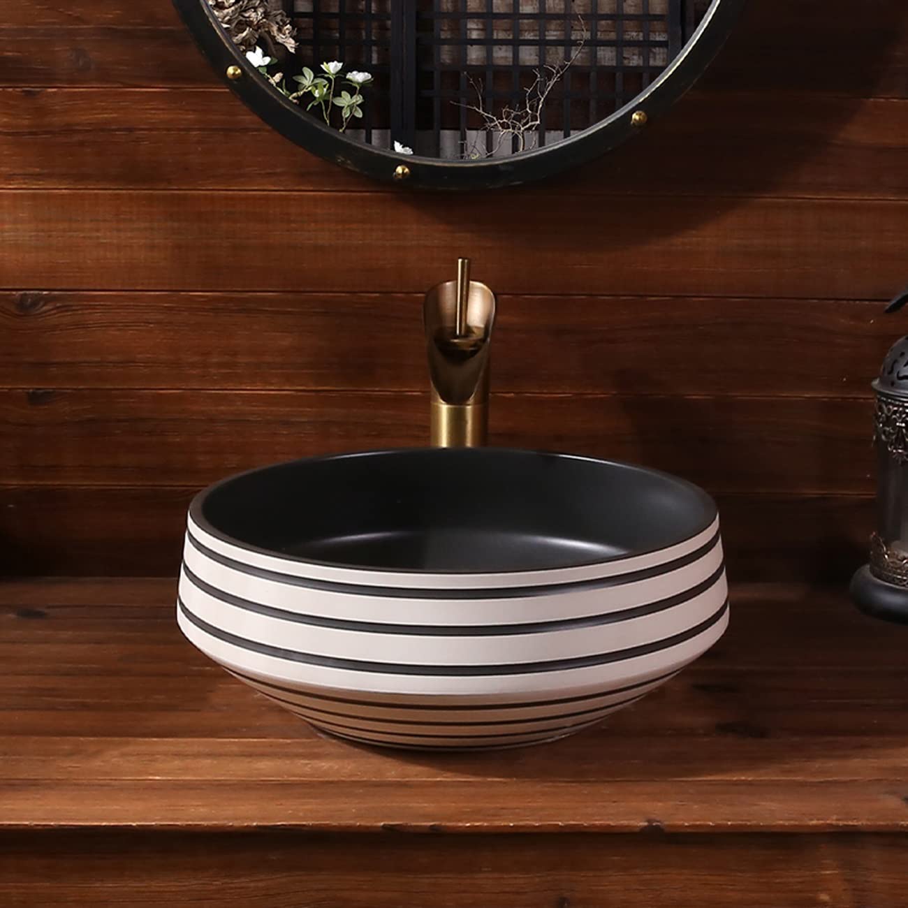 Porcelanowa Umywalka Nablatowa, Okrągła Artystyczna Umywalka Łazienkowa, Czarno-Biała Umywalka Ceramiczna Nablatowa Z Kranem I Odpływem