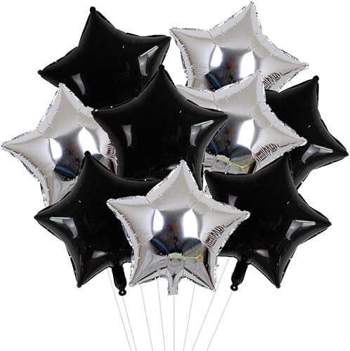 BIGEBO Globos de Mylar de estrella de 18 pulgadas, 20 globos de estrella plateados y negros para decoración de fiesta de cumpleaños de Halloween