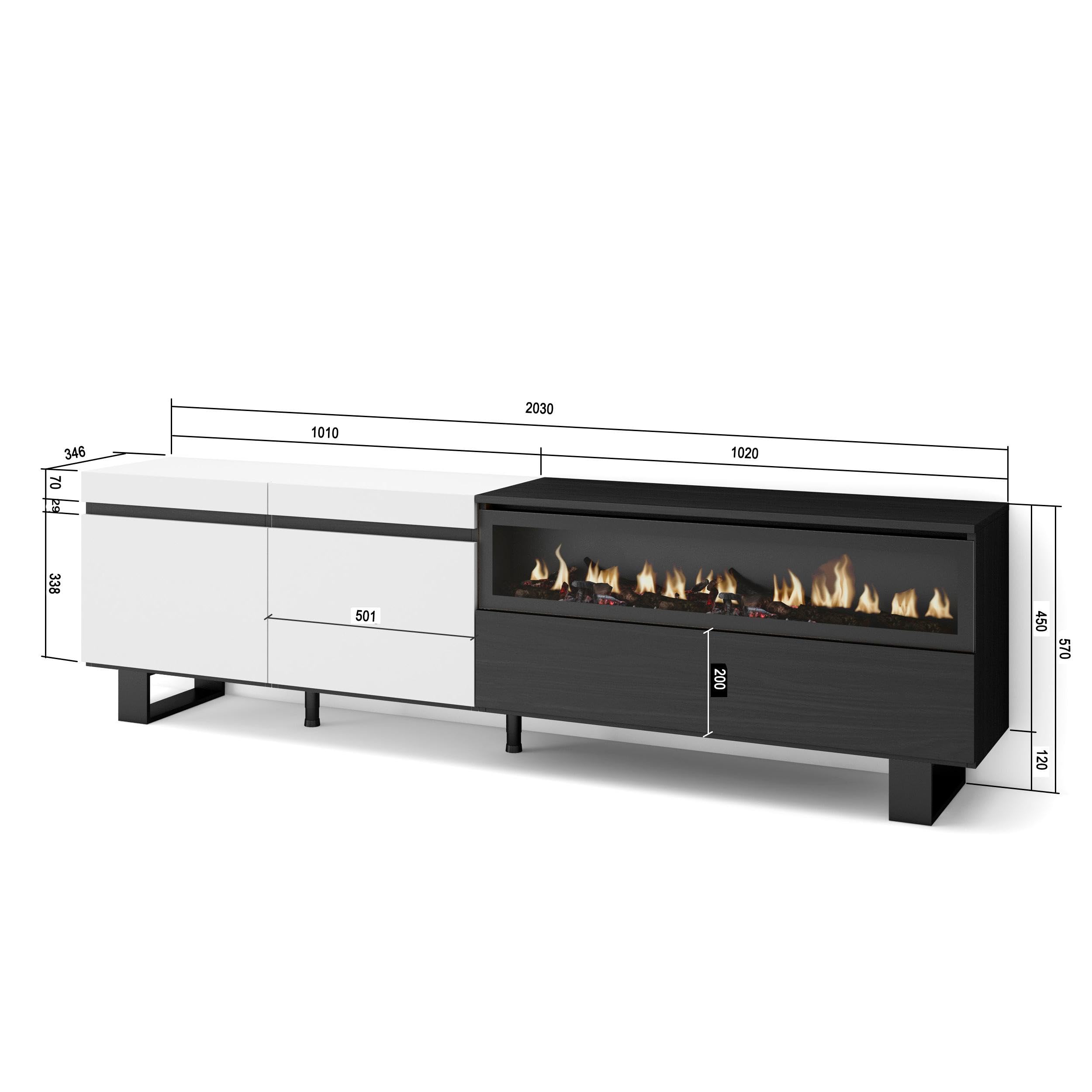 Mobile TV Soggiorno Skraut Home - Con Camino Elettrico LED, Bianco E Rovere, 200x45x35 Cm