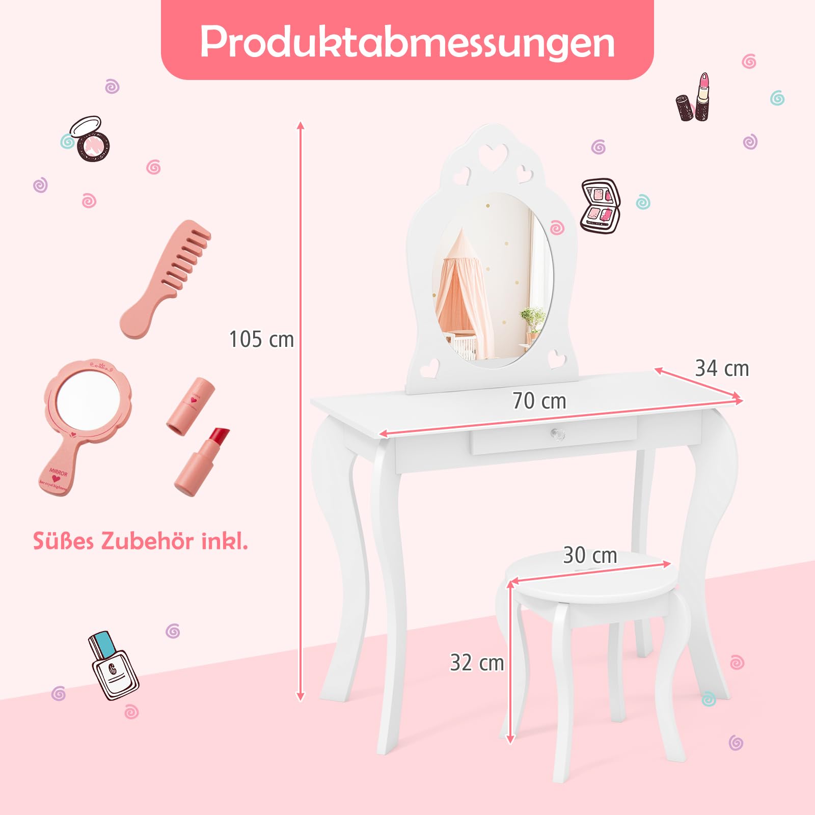 DREAMADE Schminktisch Kinder mit Hocker und Abnehmbarer Spiegel, Prinzessin Frisiertisch aus Holz mit Antikipp-Schutz, Kinderschminktisch für Kinder Mädchen (Weiß)