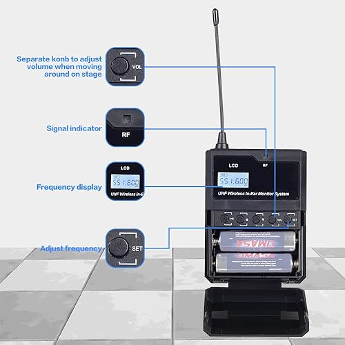 Miniatura 4 de BOMGE IEM-580 UHF Wireless in Ear Stage Monitor System Professional 2 canales, funcionamiento de 160 pies, ideal para escenario, estudio,