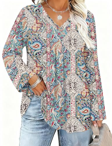 Damen Plus Size Bluse 3/4 Langerm V-Ausschnitt Herbst Tops Locker Tunika Große Größen Shirt Elegant Oberteil (Böhmen,2XL) Damen Plus Size Bluse 3/4 Langerm V-Ausschnitt Herbst Tops Locker Tunika Große Größen Shirt Elegant Oberteil (Böhmen,2XL)