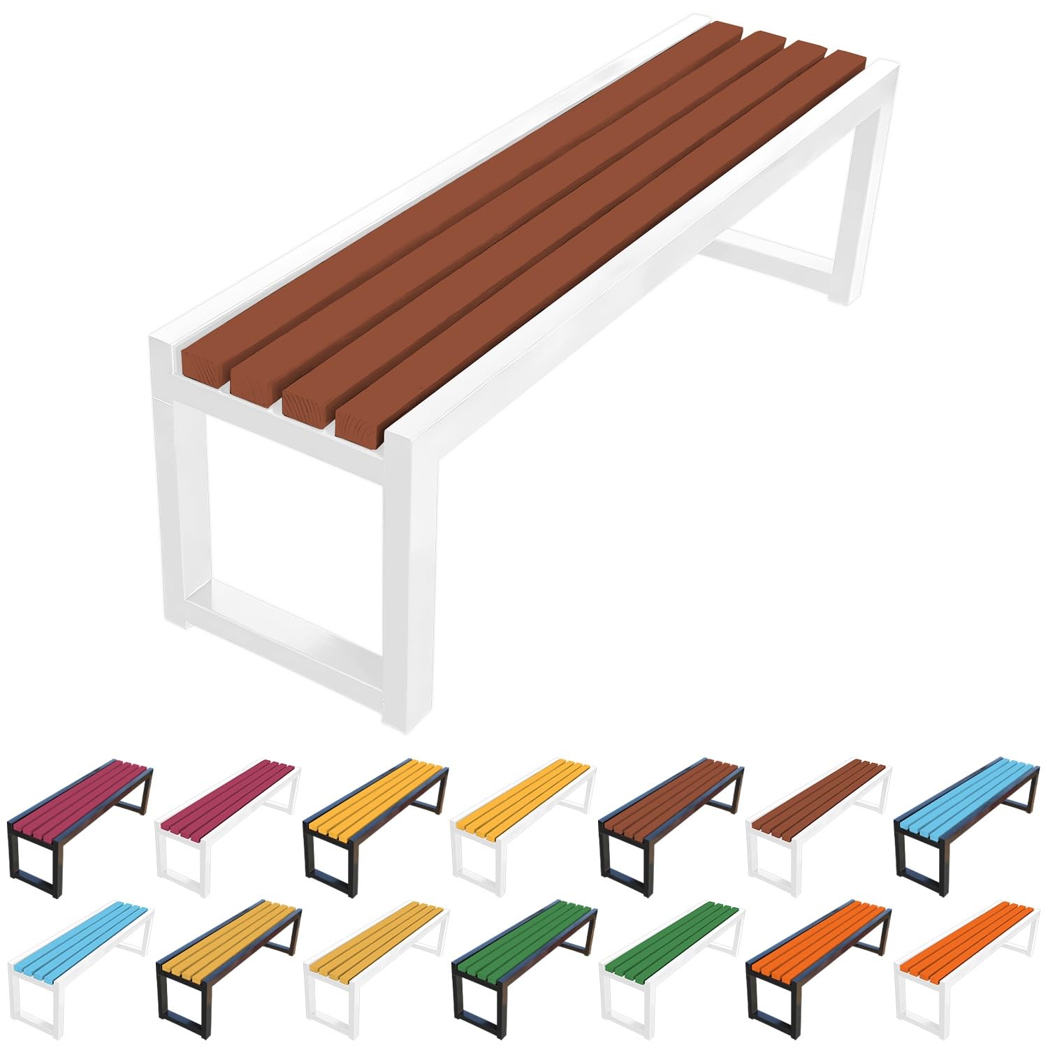 Wetterfeste Gartenbank für 2 Personen, rückenfrei, Holzterrassensitz, Metallrahmen, für Park, Hinterhof, Eingangsbereich, 150 cm, Kaffeeweiß