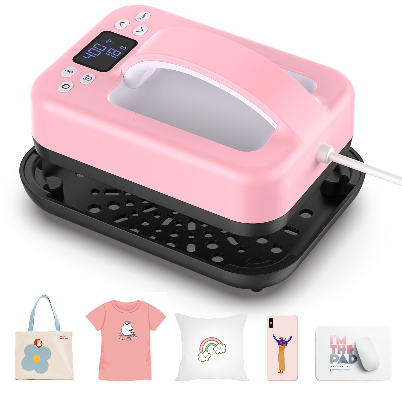 Mini-Heißpresse für T-Shirts, pink, 17 x 12 cm, tragbar, mit App-Steuerung, automatischer Abschaltung, isolierter Sicherheitsbasis, ideal für Sublimation, HTV-Vinyl-DIY-Projekte und Transferdruck