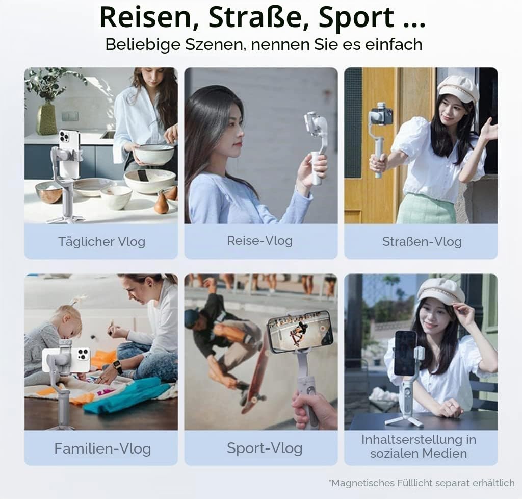 HoHem Smartphone Gimbal iSteady XE Kit 3-Achsen-Handy-Stabilisator für iPhone 14 13 Pro Max & Android,Füllen Licht,One-Key Inception für Youtuber,Vlog,Video-Aufzeichnung,Live-Stream(Farbe Schwarz)