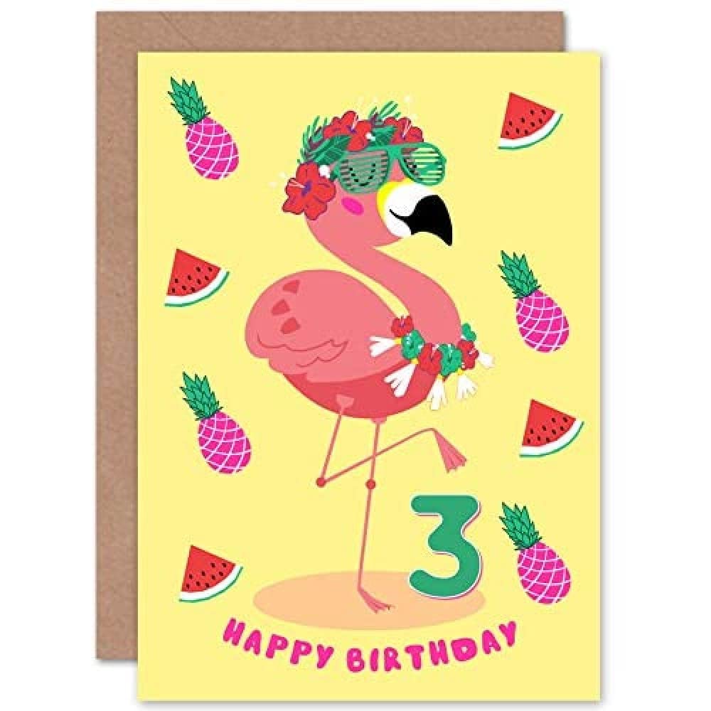 Wee Blue Coo Kawaii Flamingo Party 3rd Birthday Greeting Card With Envelope Blank Inside Premium Quality
