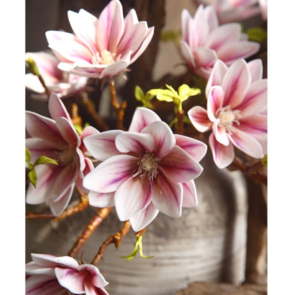 3 Stück künstliche Magnolienzweige mit echter Haptik, 3 Köpfe for Hochzeit, Tafelaufsätze, Zuhause, Blumendeko(Rose)