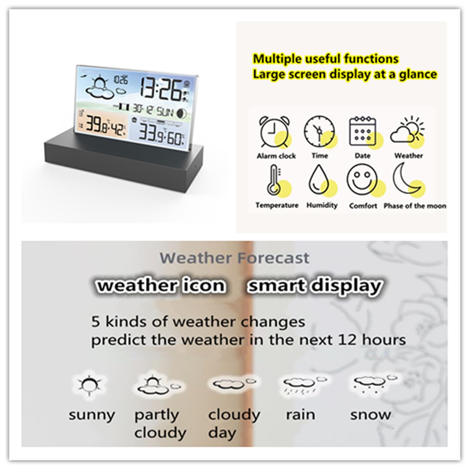 Stazione meteo Digitale con Sensore Esterno di Monitoraggio, Previsioni Meteo, Multifunzione Orologio, con Sveglia Tempo Data Igrometro, in vetro trasparente con Ampio Schermo LCD