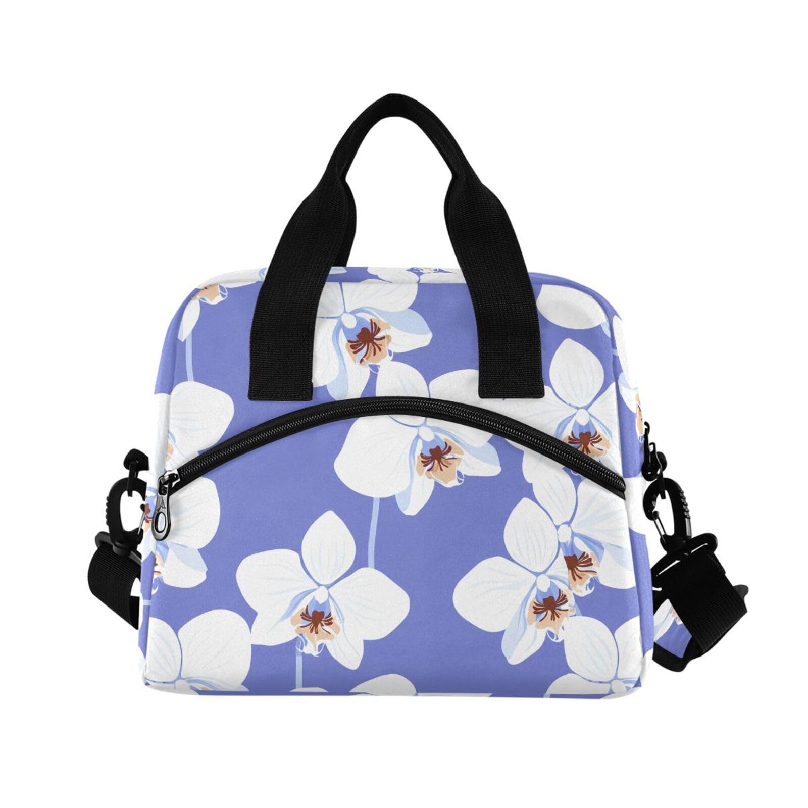 Insulated Lunch Bag Reusable Cooler White Flower Purple Lunch Box Adjustable Shoulder Strap for Office Picnic School