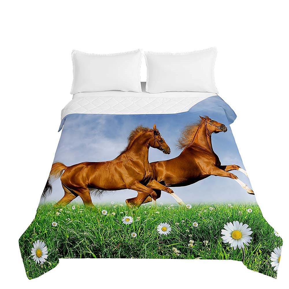 Couvre-lit matelassé anti-plis pour grand lit 2 personnes motif cheval 230x260cm
