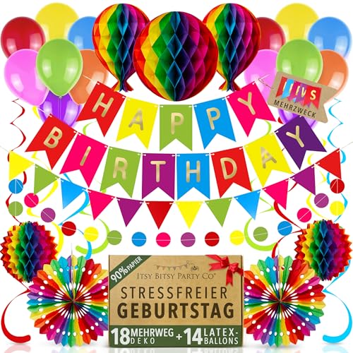 Premium Wiederverwendbare Geburtstagsdeko - Deko Geburtstag / Party Deko - Luftballons Happy Birthday Girlande Wimpelkette Geburtstag Wabenbälle - Happy Birthday Deko (Regenbogen + Ballons)