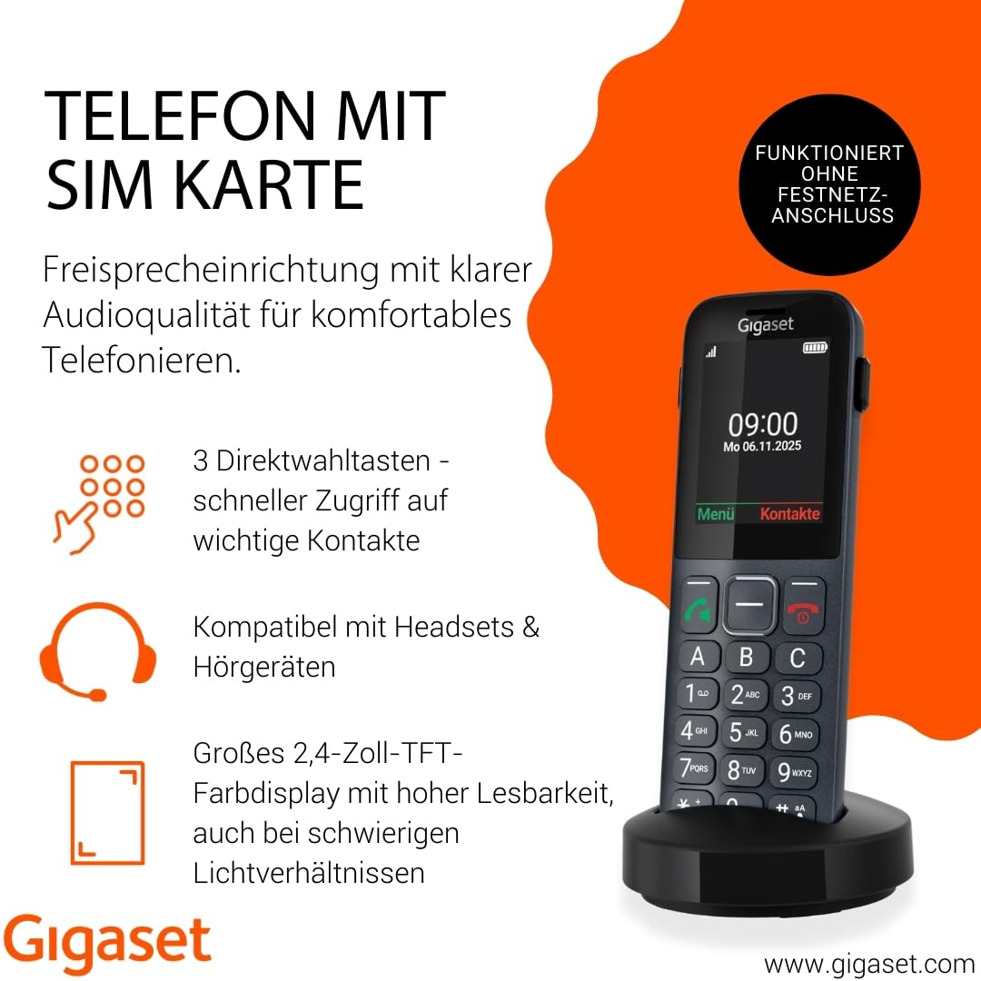 Gigaset Comfort 600 SIM – 4G Volte HD-Telefon mit 2,4" Farbdisplay, Bluetooth 5.0, Hörgerätekompatibel, Großer Speicher für 500 Kontakte, kompatibel in DE, IT, FR, NL, BE, Che, AUT, anthrazit