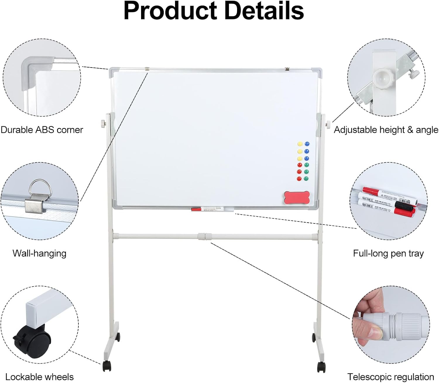 Rolling Whiteboard on Wheels, 36x24 inch Double Side Magnetic Dry Erase Board with Stand, Aluminum Frame Easel Mobile Standing Whiteboard for Office, Classroom & Home