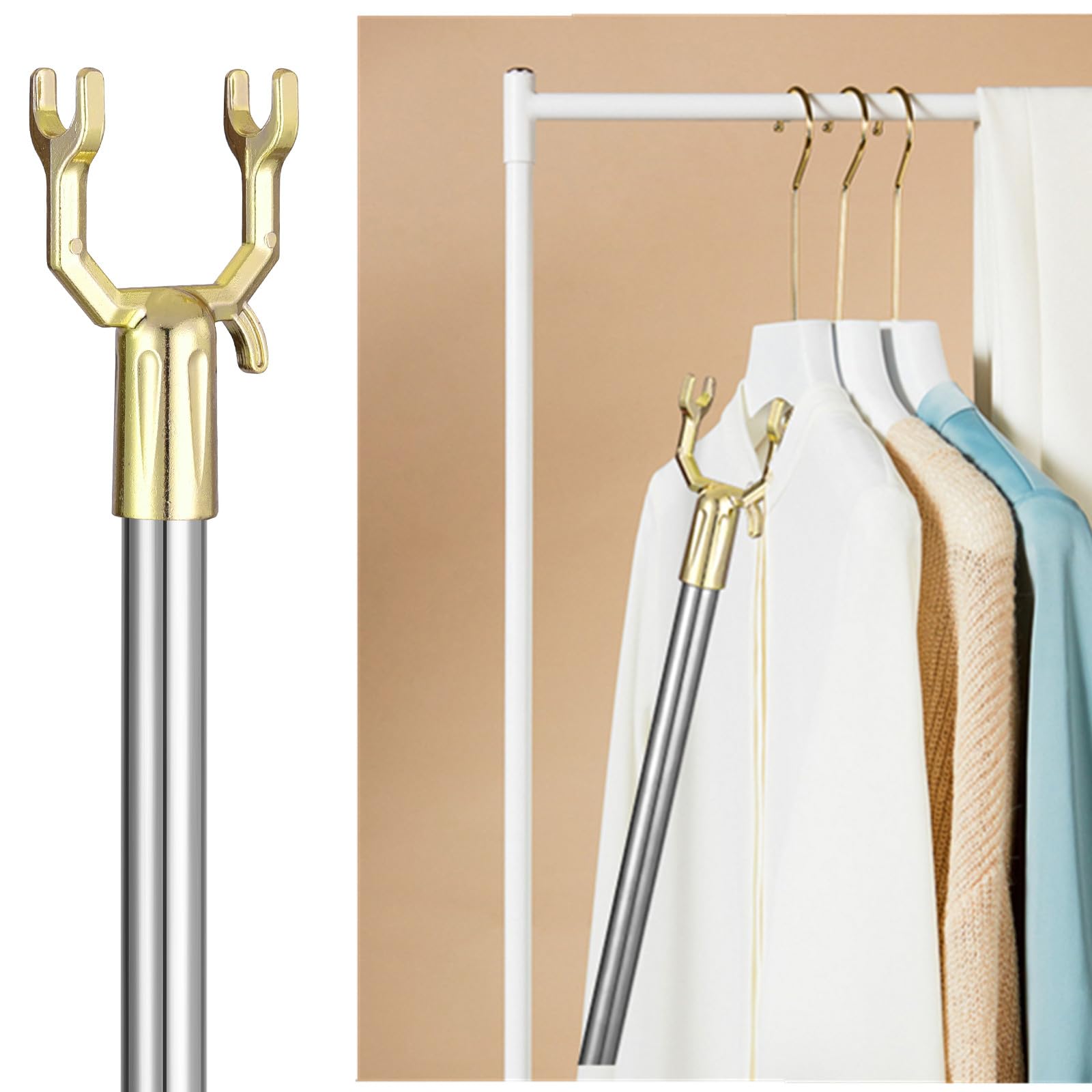 Cagaloi 59 inch extended adjustable clothes hook rod with practical hanger hook, high arm clothes hook, window opening rod, hanger rod, closet rod, comfortable sponge handle clothes hook rod