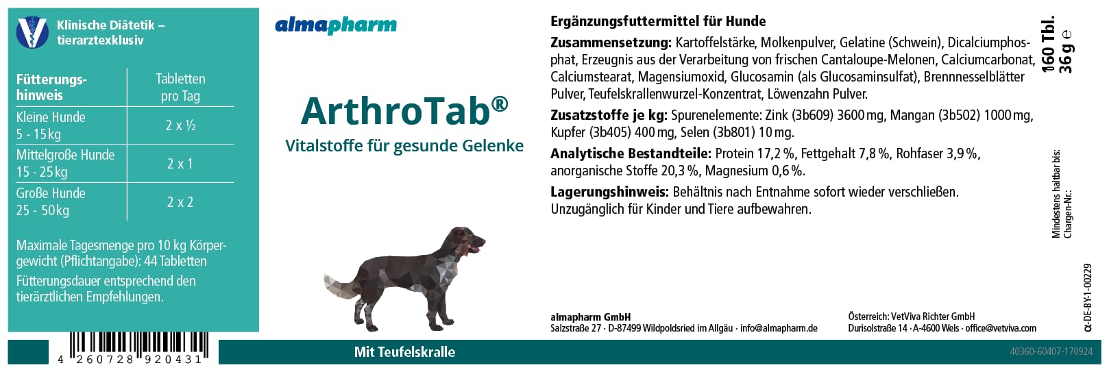 Almapharm Arthrotab | 160 Tabletten | Ergänzungsfuttermittel für Hunde | Zur Förderung der Gelenksfunktionen | Mit Teufelskralle, Brennnessel, Löwenzahn, Zink und Selen