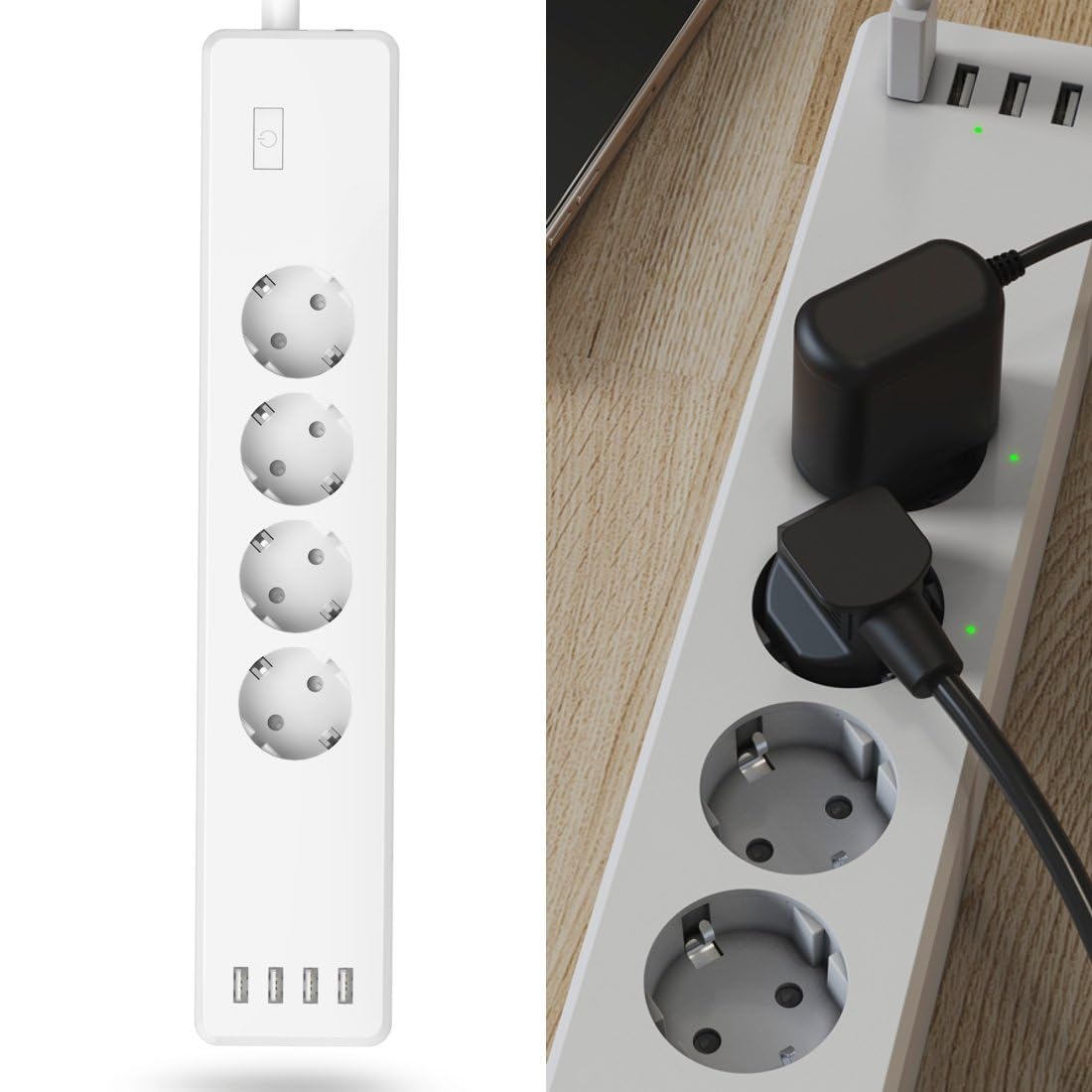 Hama Multipresa connessa WiFi intelligente (multipresa USB 4 prese 10 A + 4 USB, 2300 W, programmabile tramite app, 1,7 m, prese Alexa Google Home, misurazione conso elettrico, senza hub) bianco