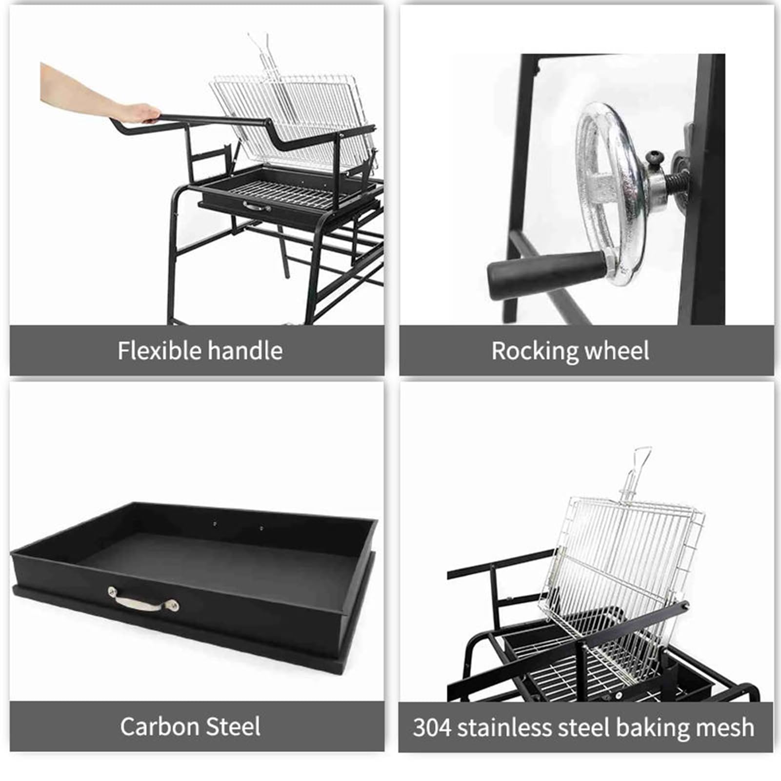 Griglia per barbecue in acciaio inox, girevole a 360°, portatile, per campeggio, barbecue, picnic, spiaggia