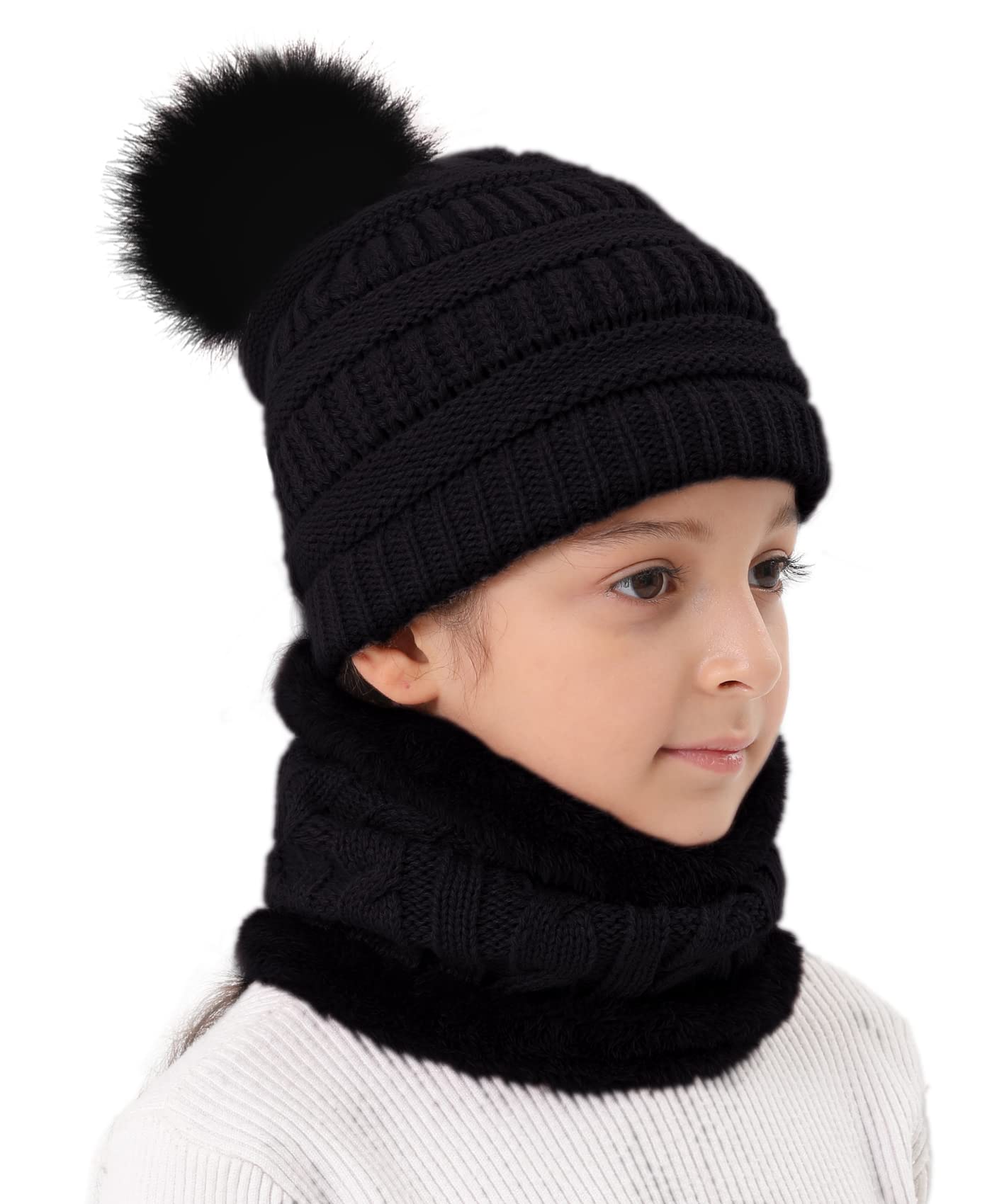 Photo 1 of 2Pcs Kids Pom Winter Beanie Hat and Scarf Set for 2-6 Years Old Boys Girls Kids Thick Warm Knitted Cap Fleece Lined Scarf Set Black