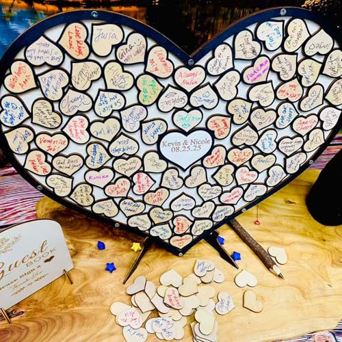 Image of Wedding Guest Book Unique Wooden Heart Alternative GuestBook Bridal Shower Wedding Decoration with 83 Wooden Hearts 1 Sign Pen Set (Black)