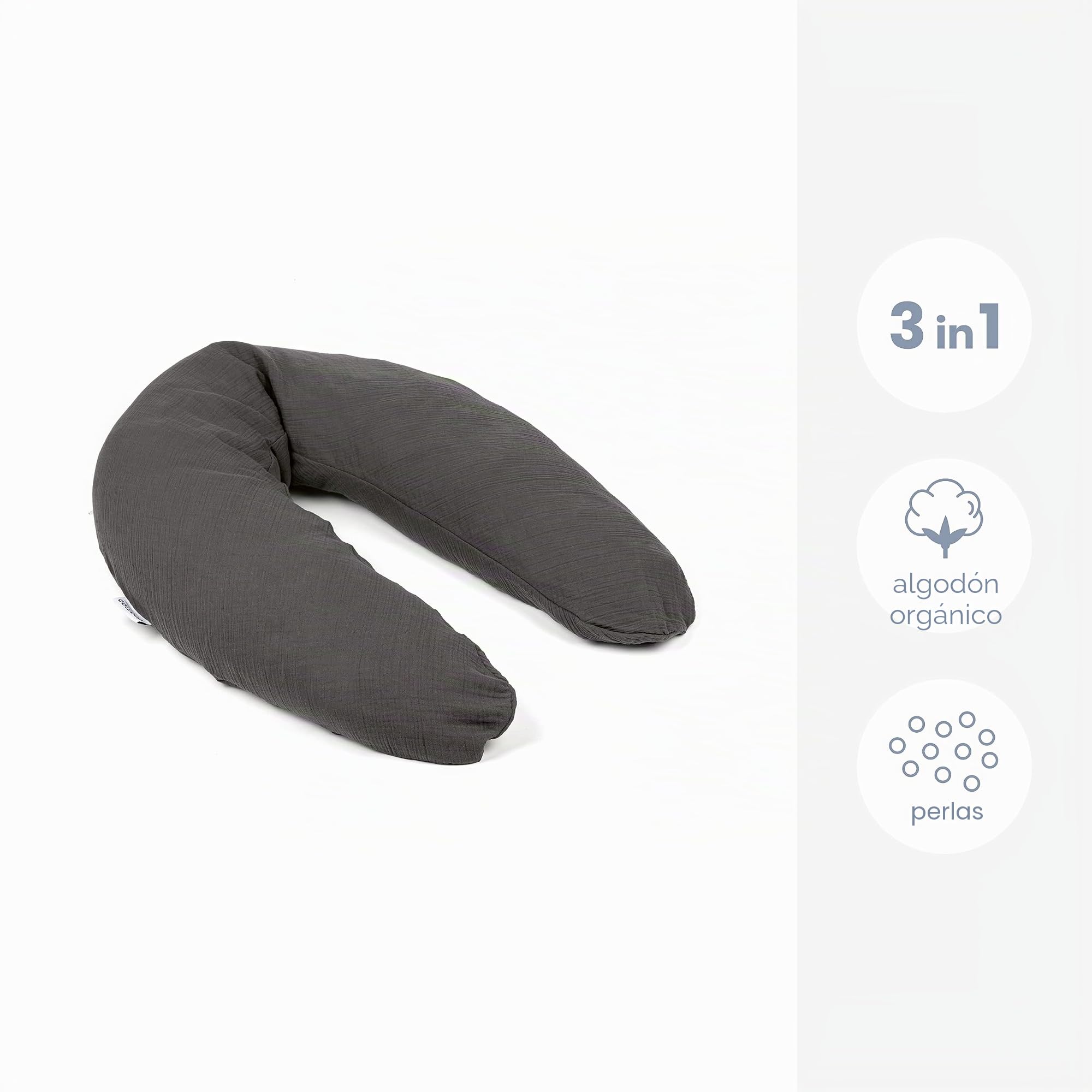 Doomoo Basics - Comfy Big Tetra Grey - Cojín de Embarazo Multiuso - Gran cojín de Lactancia Materna y Maternidad - para Dormir, amamantar y Relajarse - Relleno de microbolas con Funda Lavable
