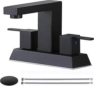 Modern Commercial 4 Inch 2 Two Handle Centerset Matte Black Bathroom Faucet,Bathroom Sink Faucet Lavatory Basin RVs Bath Vanity Faucets for Sink 3 Hole with Water Hoses and Pop up Drain